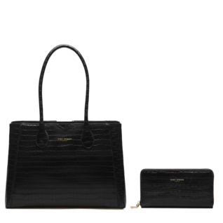 Isabel Bernard Cadeau d'Isabel croco black leather handbag and wallet gift set